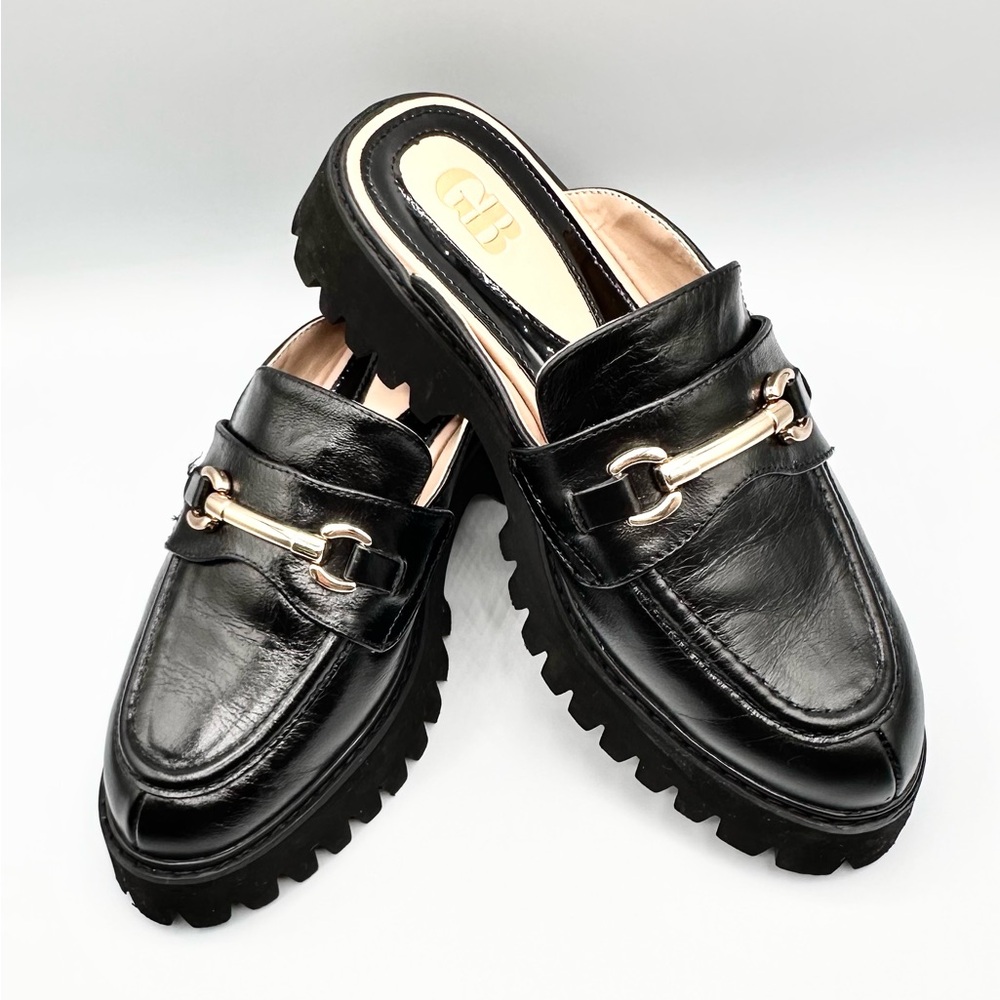 GB Hold On Leather Lug Sole Platform Mule Loafers Mules Black 7.0